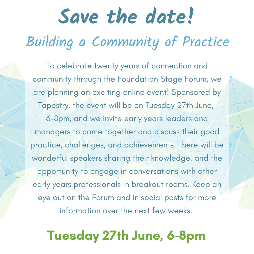 Join us for a special online event celebrating 20 years of the Foundation Stage Forum, and the amazing people in the sector.
The event will be on Tuesday 27th June, 6-8pm. We invite early years leaders and managers to come together to discuss good practice, challenges, and…