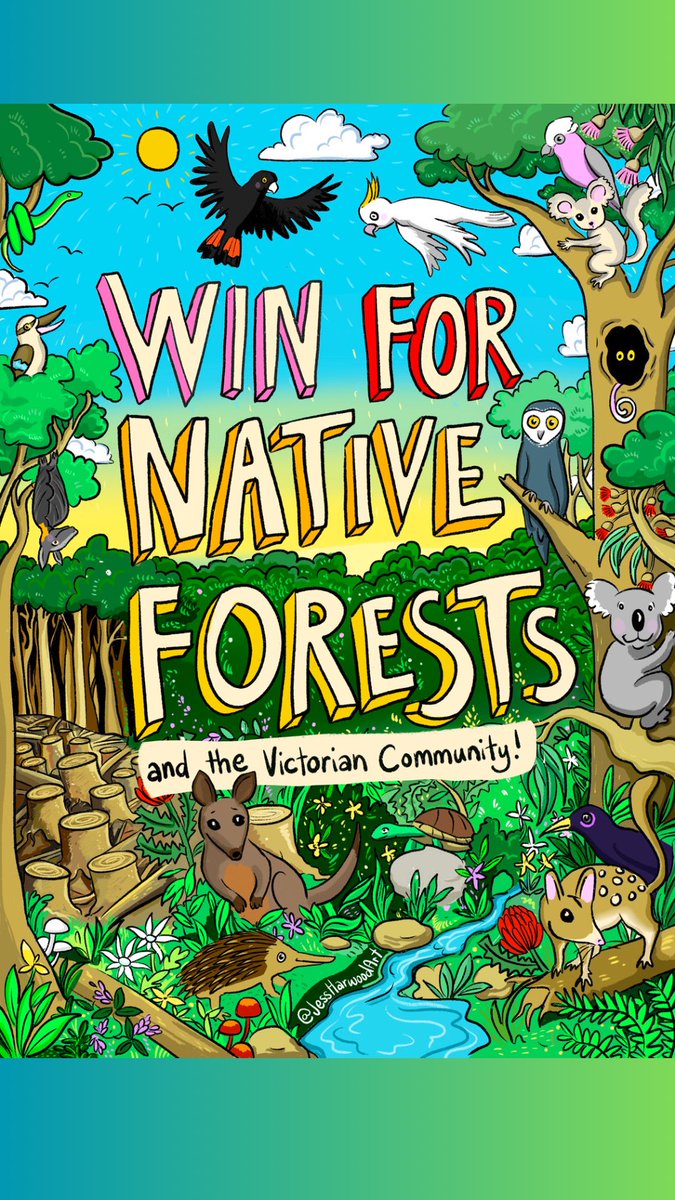 Amazing win for the community and everyone who campaigned for *so many years* to end native forest logging in Victoria. Congratulations goes to you today! NSW, QLD, NT, Tassie - you're next! Poster drawn by me for @BobBrownFndn