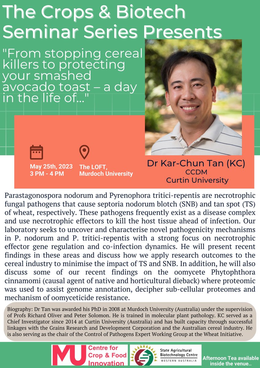 If you are in #Perth 25th May, please do visit us at 3pm @MurdochUni @MU_CCFI_Biotech to listen to Dr Kar-Chun Tan from @theCCDM @CurtinUni on topic “From stopping cereal killers to protecting your smashed avocado toast – a day in the life of….” Venue: 425.3.001, The Loft, MU