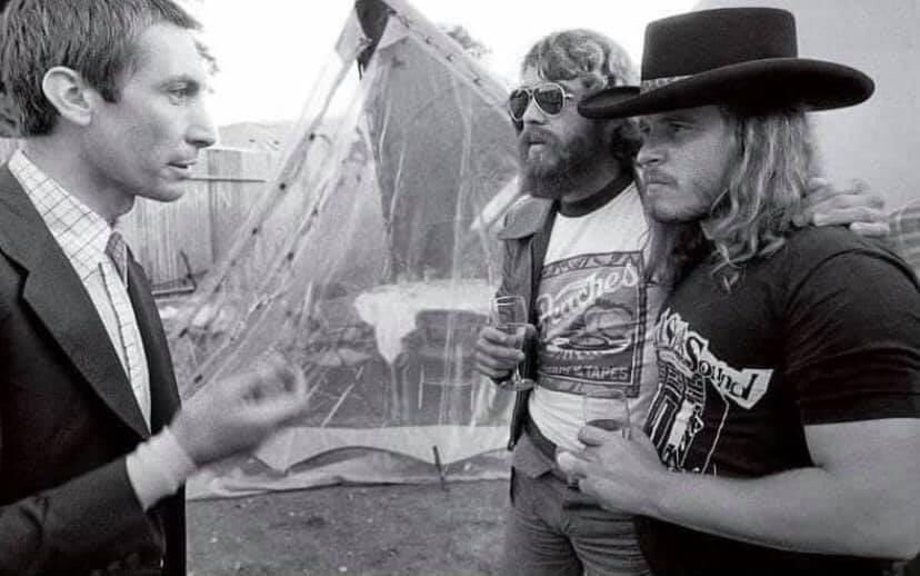 #CharlieWatts of the @RollingStones, #DougClifford from @TheOfficialCCR  and #RonnieVanZant of @Skynyrd ,backstage at the Knebworth Festival 1976.