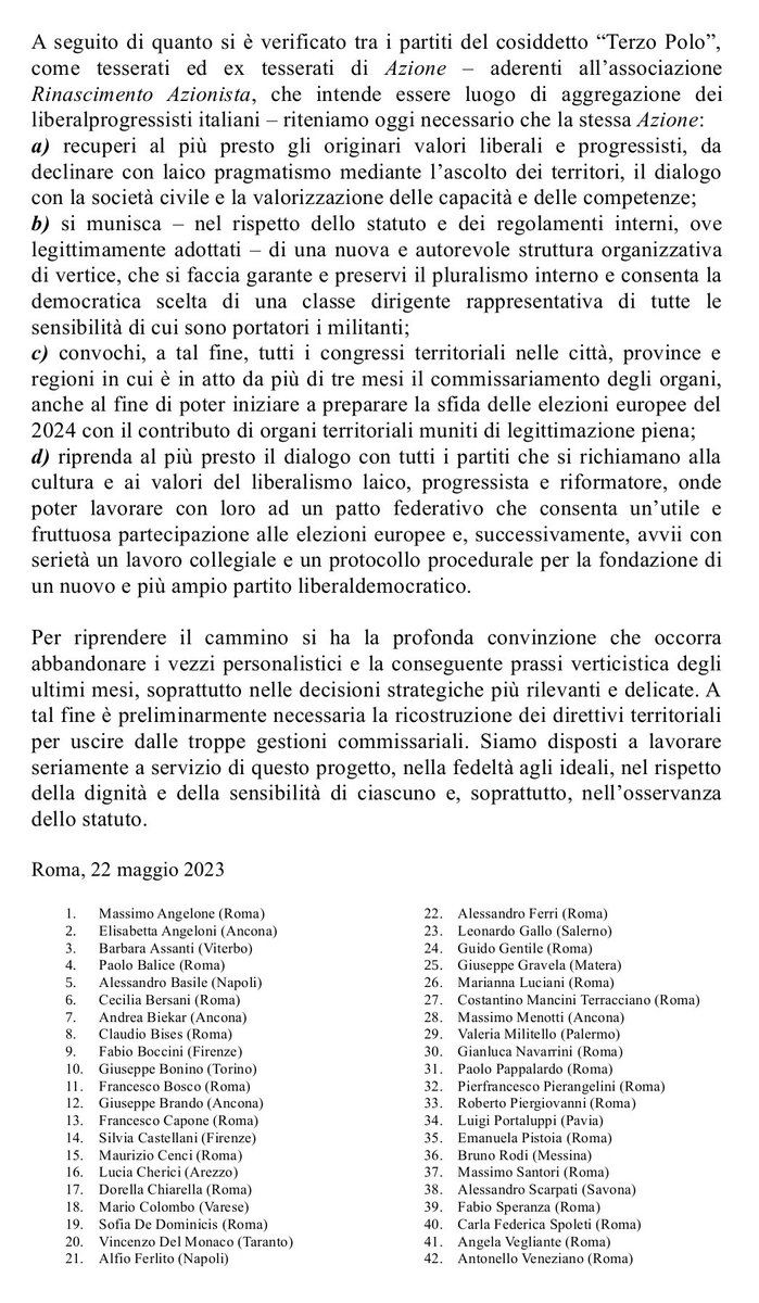Vogliamo fortemente restare uniti e lavorare perché <a href="/Azione_it/">Azione</a> possa rafforzarsi – restaurando democraticamente le sue strutture organizzative – e riprendere il cammino verso un nuovo soggetto libdem. 
Gli azionisti di #RinascimentoAzionista ci sono.
