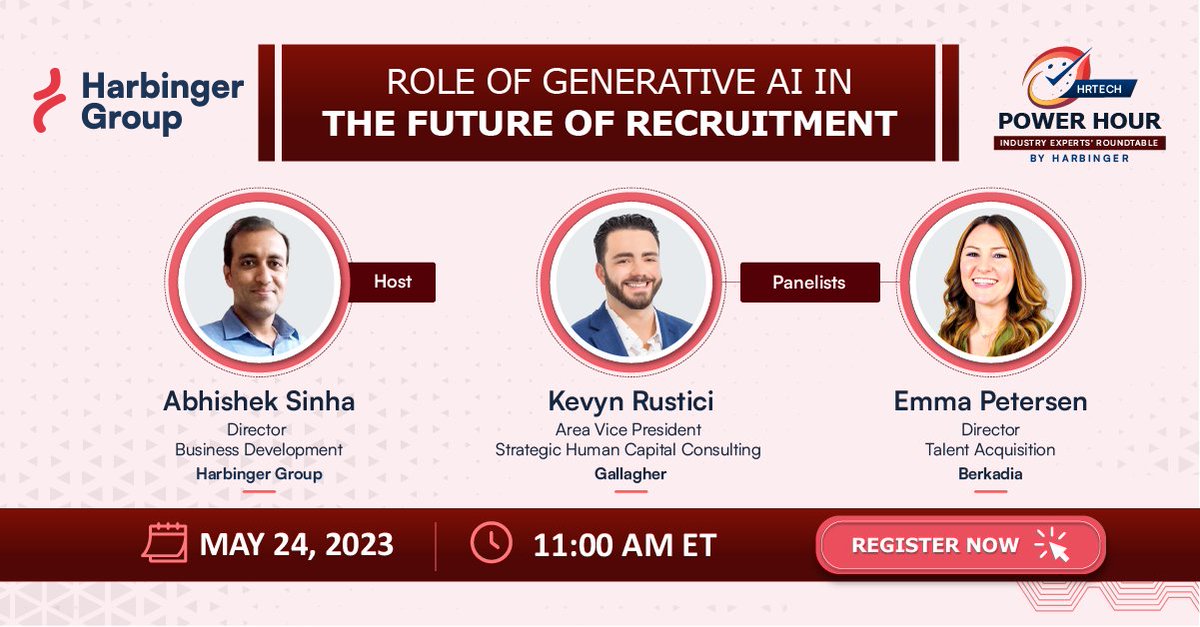 Harbinger_Grp's tweet photo. 1 DAY TO GO! This is your chance to explore how #GenerativeAI can transform recruitment. Join our #HRTech Power Hour to stay ahead of the recruitment game! See you tomorrow at 11 AM ET!
Register now: https://t.co/bLutgILl26
#RoleofGenerativeAI #FutureofRecruitment #AIintegration https://t.co/1NBOd1PPIR