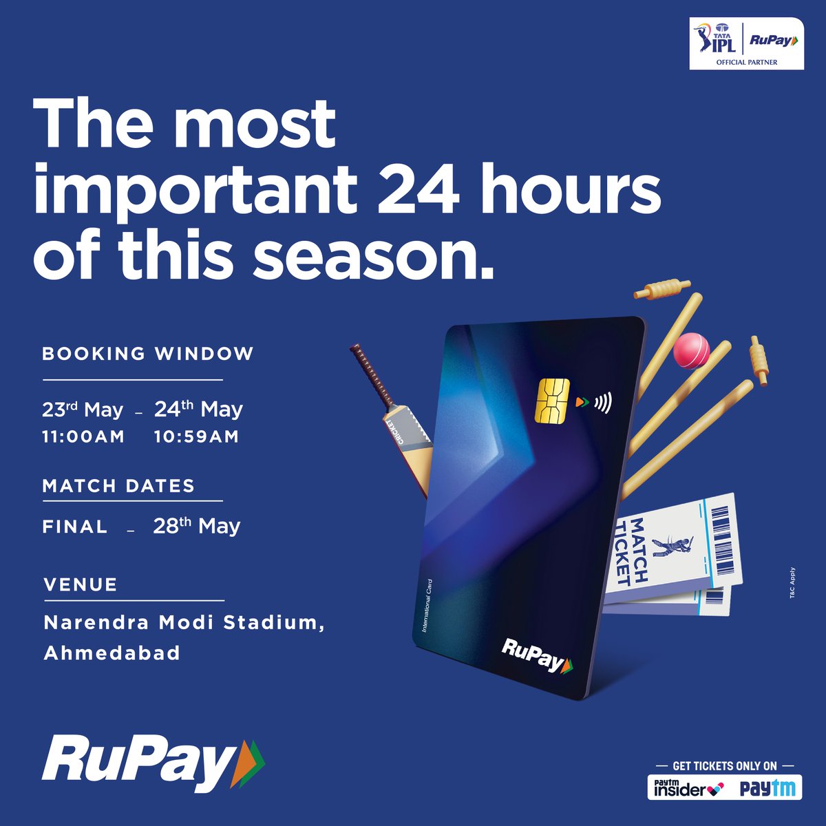 RuPay_npci's tweet photo. #RuPay Cardholders! Book your tickets 24 hours in advance and secure your seat before it sells out⏳
Booking window is open now until May 24th, 10:59 am
Grab your #TATAIPL Finals tickets on @paytminsider now🏏🔥
https://t.co/z7Jv8pIHNp
@IPL
#RuPayExclusive #BookNow #IPL2023 https://t.co/4Qr2veXisV