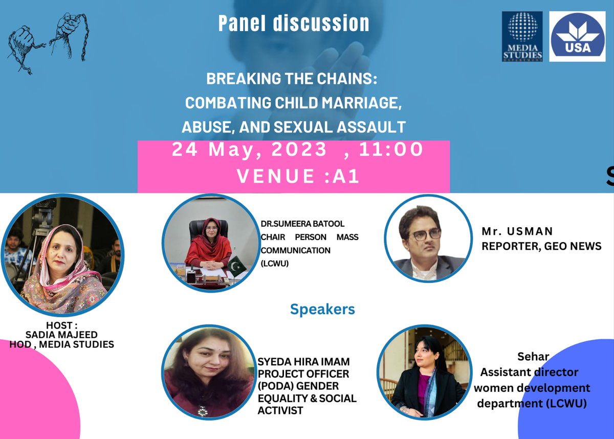 Breaking the Chains: Combating Child Marriage, Abuse, and sexual assault.

#USALahore #breakingthechains #PanelDiscussion #empoweringsurvivors #socialjustice #PreventionAndIntervention