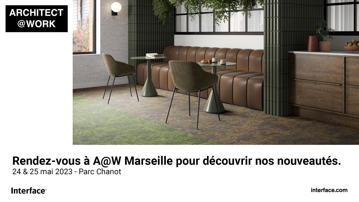 🗓 🖋 Retrouvons-nous mercredi 24 et jeudi 25 mai à <a href="/ATW_INTL/">ARCHITECT@WORK</a> Marseille, le salon dédié aux solutions innovantes pour l'architecture &amp; le design.
interf.ac/3WIkFe9
#ATWFR #architectureinterieure #DesignInspiration #LVT #SolsTextiles