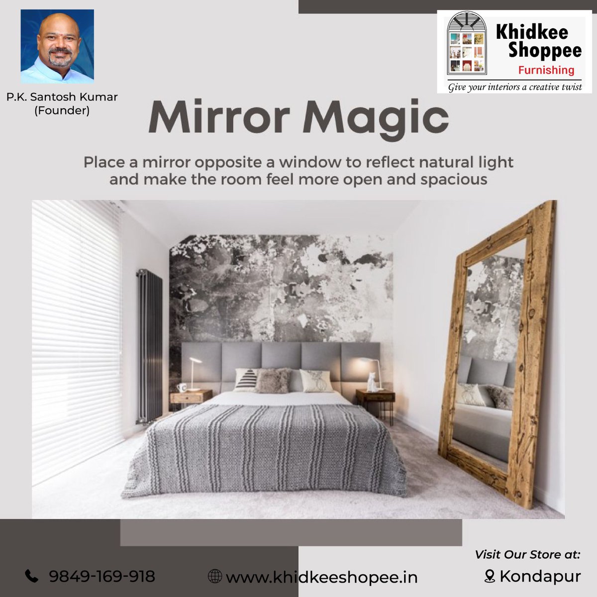 Step into a world of open, spacious interiors by reflecting natural light. Discover enchanting home decor at Khidkee Shoppee and brighten your home today!
#KhidkeeShoppee #homedecor #homefurnishing #MirrorMagic  #NaturalLight  #InteriorDesign  #ShopNow #kondapur #Hyderabad