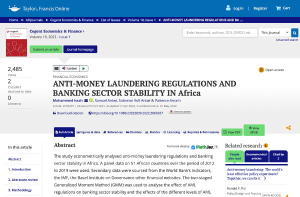 Issah and colleagues evaluated #antimoneylaundering regulations in Africa, finding increased banking sector stability regardless of effectiveness: ow.ly/hW6s50NuxET