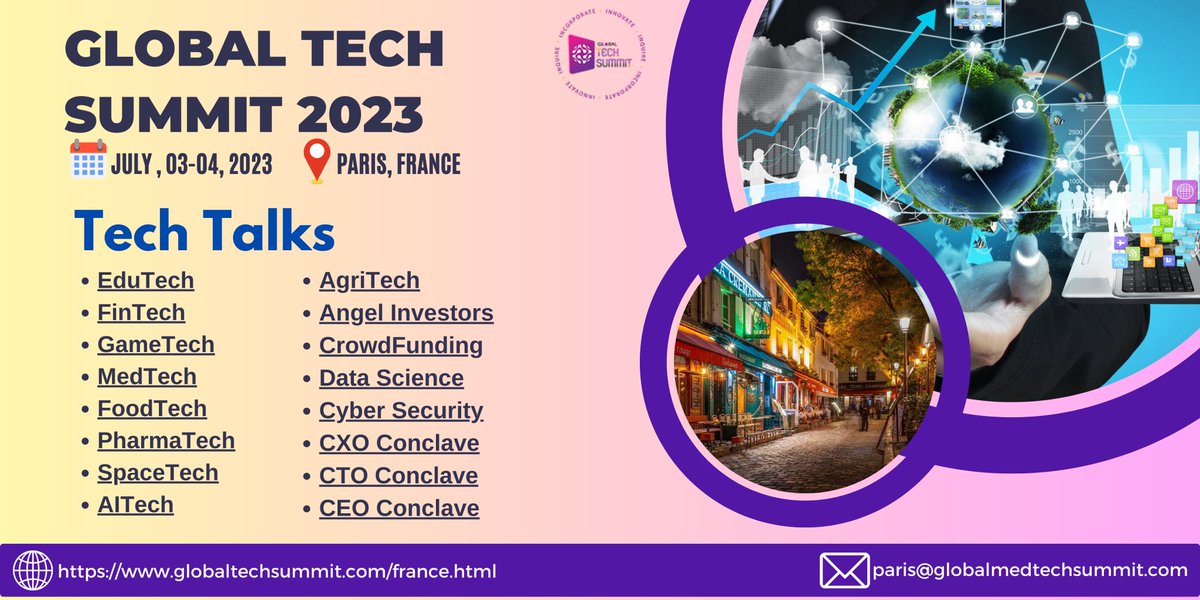 globaltech2023's tweet image. Join us! #Global_Tech_Summit_2023 will provide more opportunities to present your #research, interact with peers, form #collaborations, and encourage #young_researchers, #Delegates, #Academic_scholars
Date &amp;amp; Venue: July 03-04, 2023 | #Paris, France
Website:globaltechsummit.com/france.html