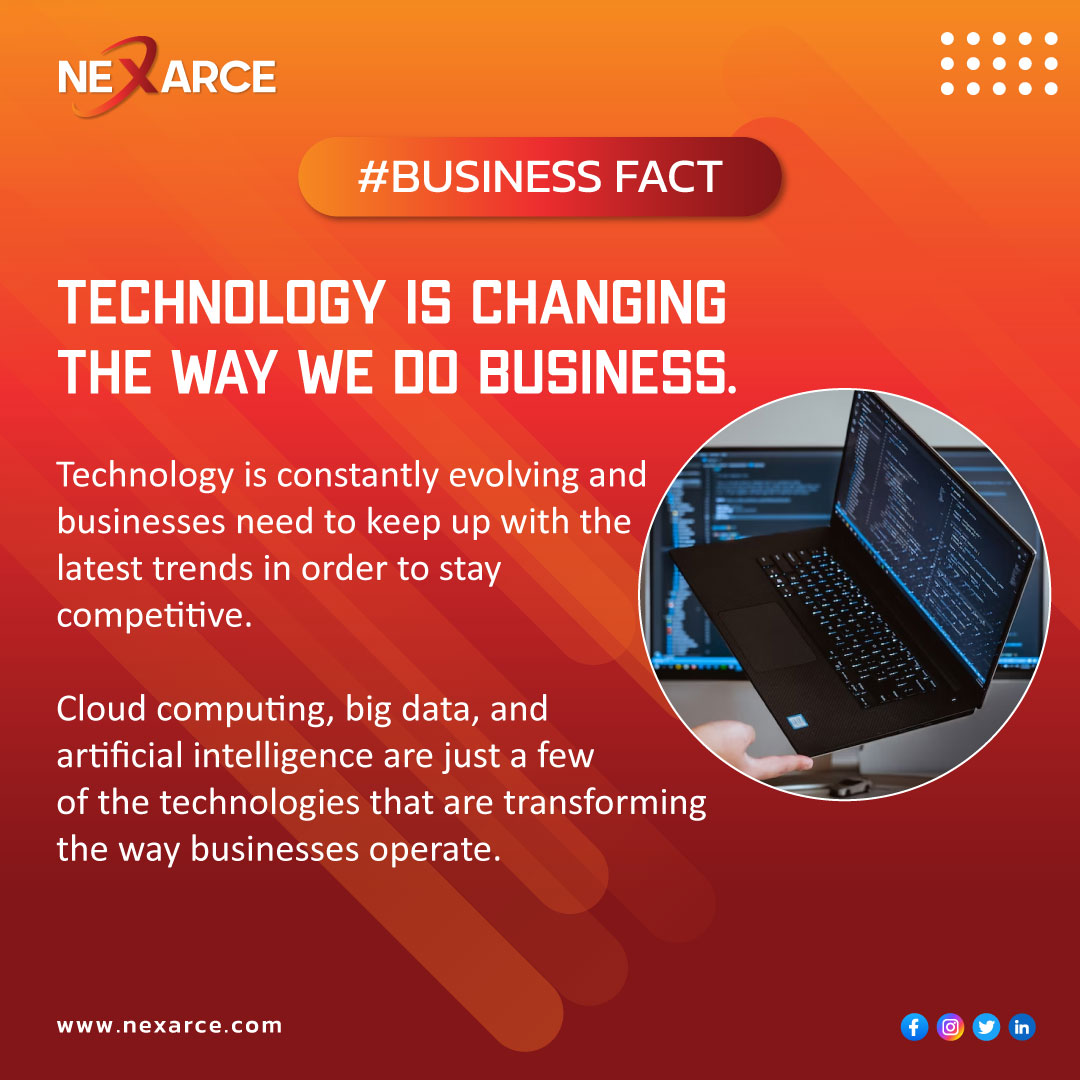 Embrace the power of technology in business!

In today's fast-paced world, staying ahead means adapting to the ever-changing tech landscape.

Don't get left behind.
Stay innovative, stay relevant!

#TechInBusiness #EmbraceTheFuture #StayAhead #businessfacts #ITfacts #nexarce