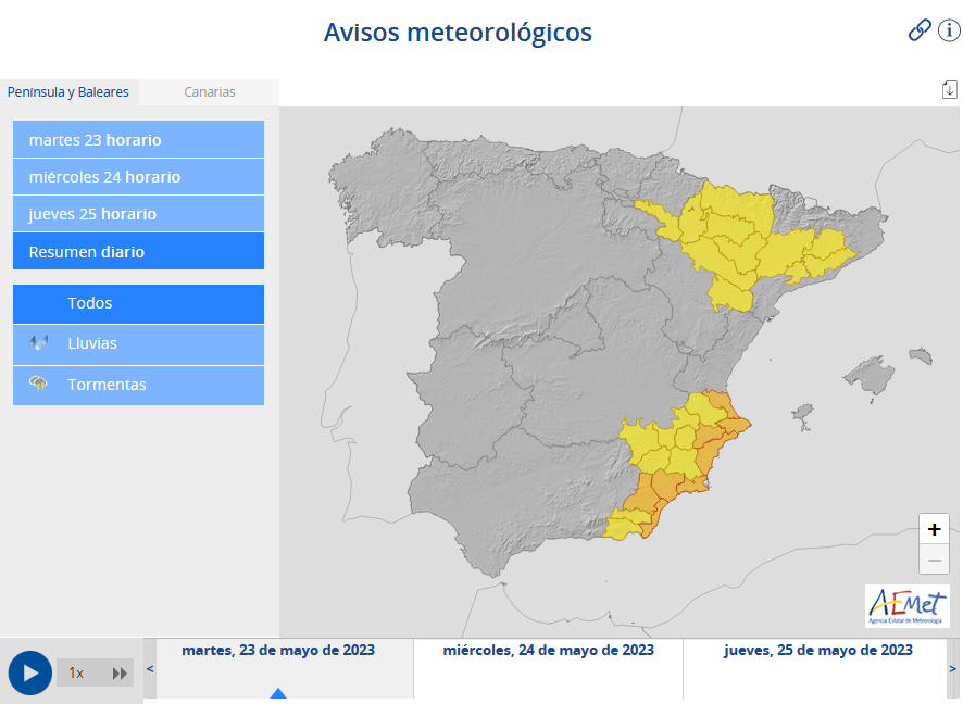 Buenos días. En esta jornada de tiempo adverso, no olvides consultar nuestros avisos meteorológicos.
🟠Peligro importante en el sur de la Comunitat Valencia, Región de Murcia y Andalucía oriental por #lluvias y #tormentas muy fuertes. #FMA 
👉aemet.es/es/eltiempo/pr…