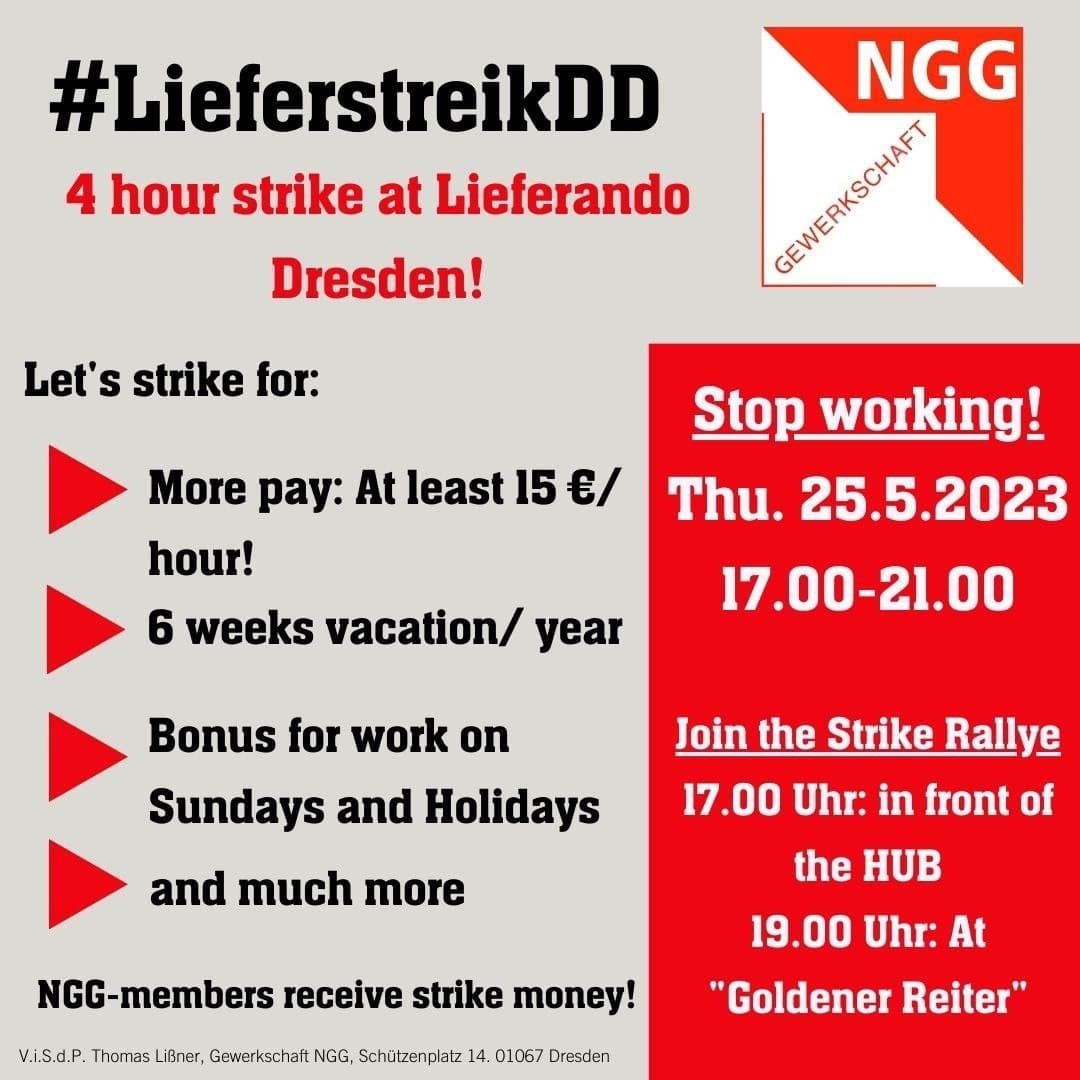 Strike for 15 euros hourly wage, at least 6 free weekends a year, holiday and weekend bonuses and much more. Meeting points: 5 p.m. in front of the Hub on Maxstraße and 7 p.m. at the "Golden Reiter".