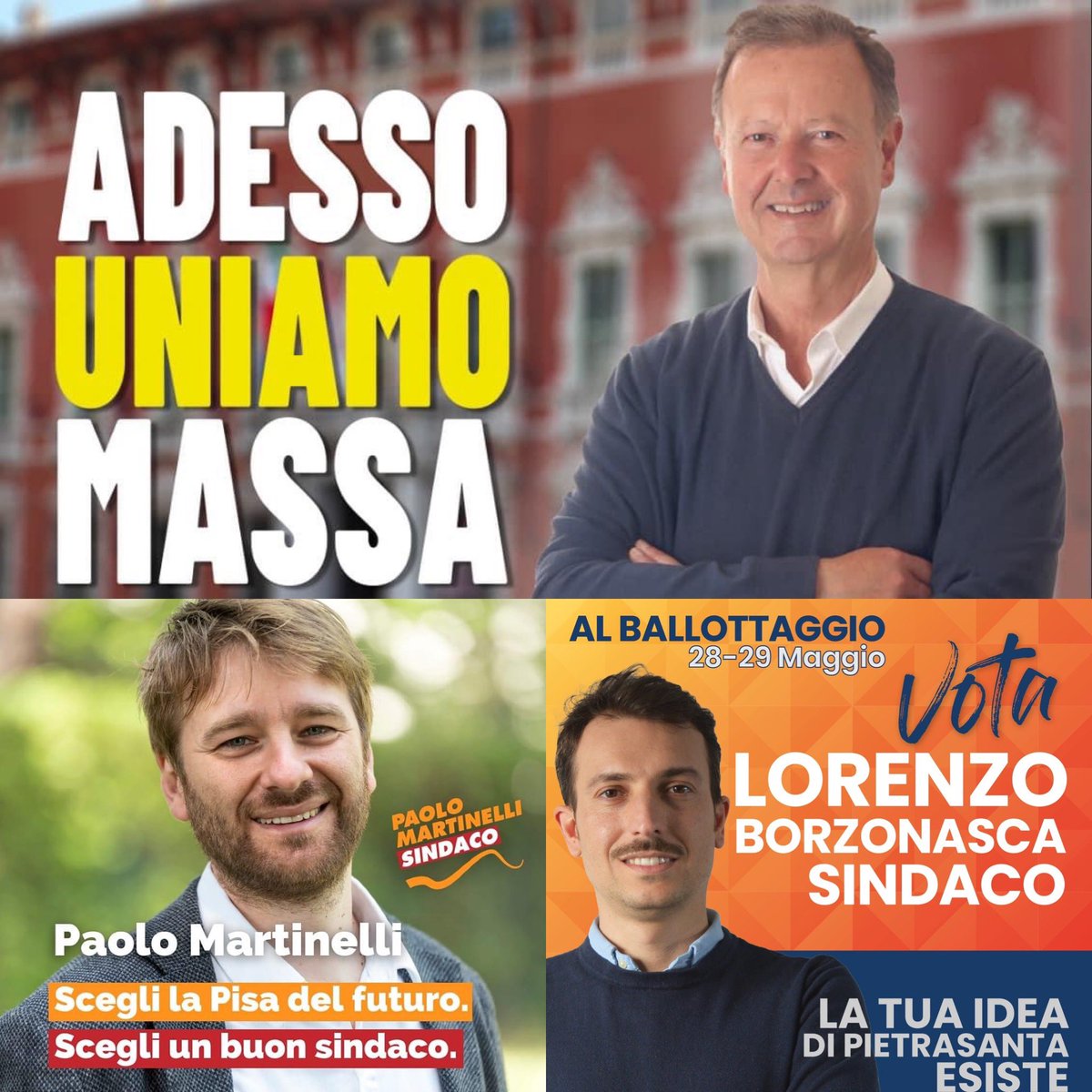 Domenica #28maggio si andrà al ballottaggio ai piedi delle Apuane, nella “Piccola Atene” e sotto la Torre Pendente. 

L’invito è a votare:

Enzo Ricci, Sindaco di #Massa

Paolo Martinelli, Sindaco di #Pisa

Lorenzo Borzonasca, Sindaco di #Pietrasanta 

#unitisivince