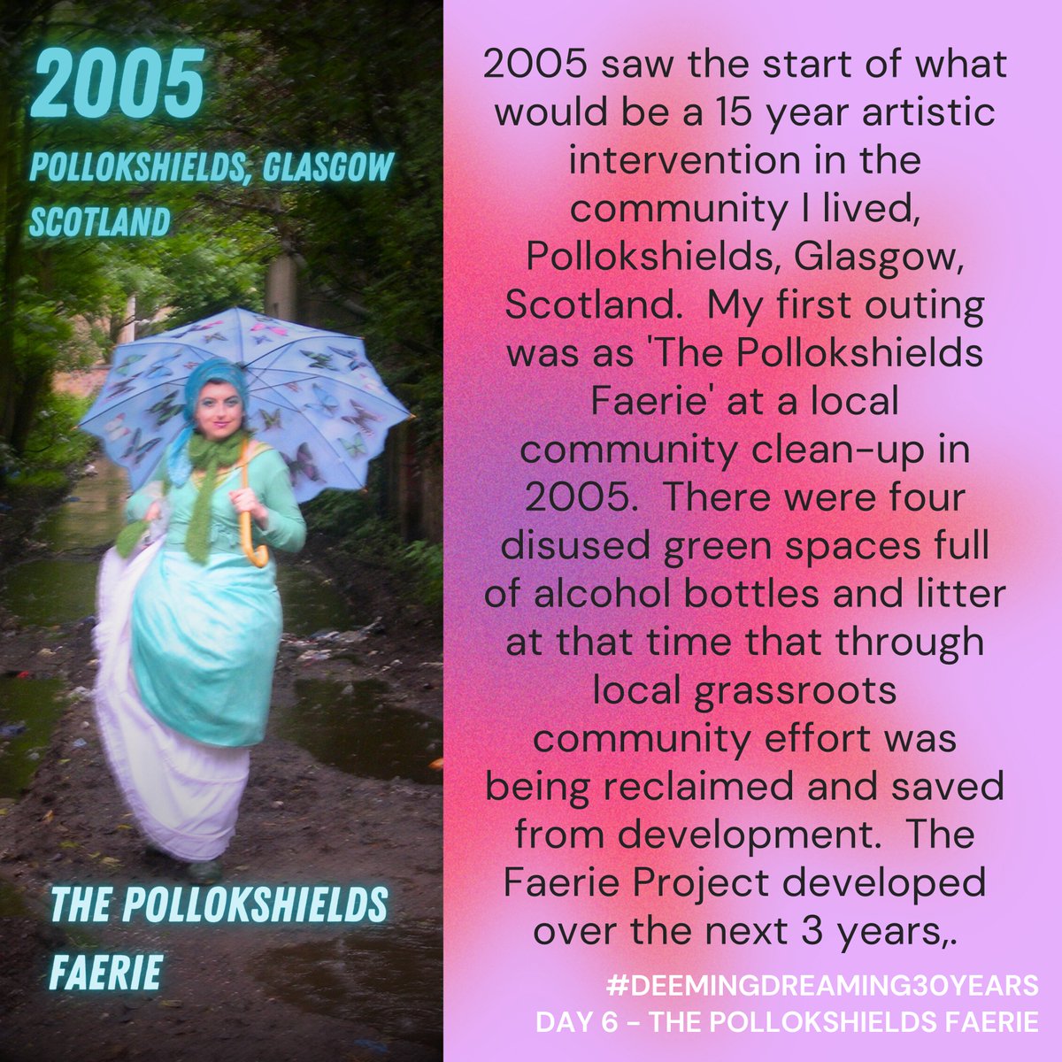 SunriseDances's tweet photo. #DeemingDreaming30Years Day 6 My first outing as the #Pollokshields Faerie in what would be the first of many artistic interventions in a 15 year project for Pollokshields. #deemingdreaming https://t.co/nBHm3RU8IT