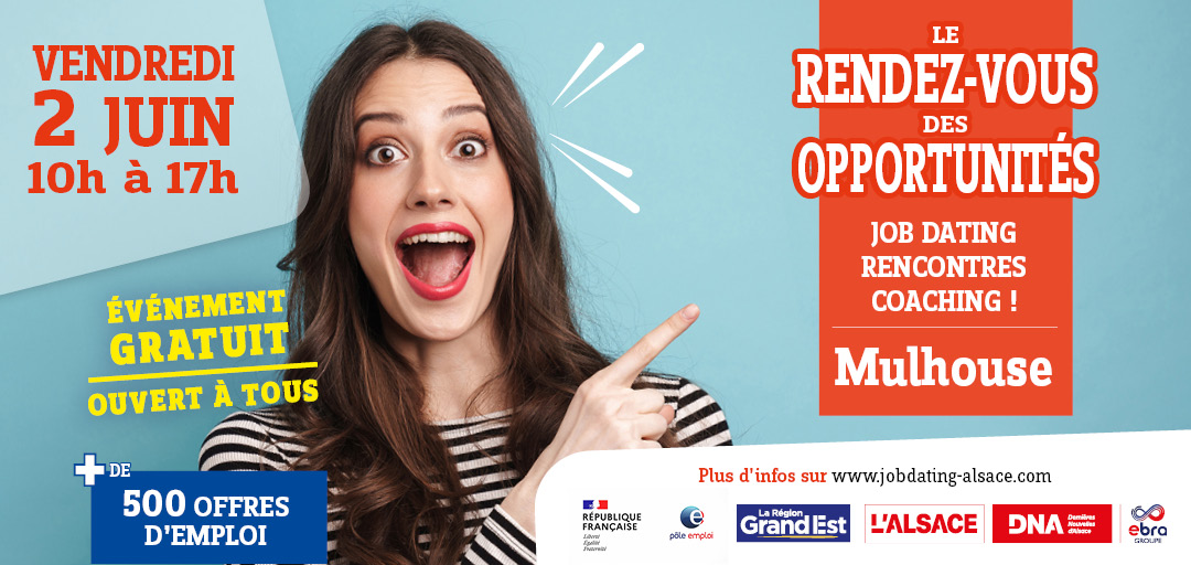 Agenda 👉 <a href="/EBRApresse/">EBRA Info</a>  les équipes @pole_emploi #GrandEst et leurs partenaires organisent la RDV des opportunités vendredi 2 juin 2023 à <a href="/KM0_info/">KMØ</a>  <a href="/mulhouse/">Ville de Mulhouse</a> ➕de 500 offres d'#Emploi proposées pour tous les profils ! Les infos sont ici jobdating-alsace.com/job-dating-mul…