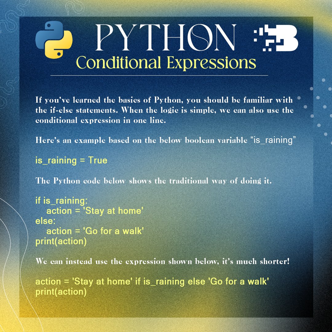 BITSSBU's tweet photo. Learning the Conditional Expressions in Python will be surely beneficial for you. With each keystroke, these clever constructs scrutinize the digital landscape and let you create and evaluate decisions for your program. 

#everyBITScount
#BITS2023
#Python https://t.co/lZhJxyfrGi