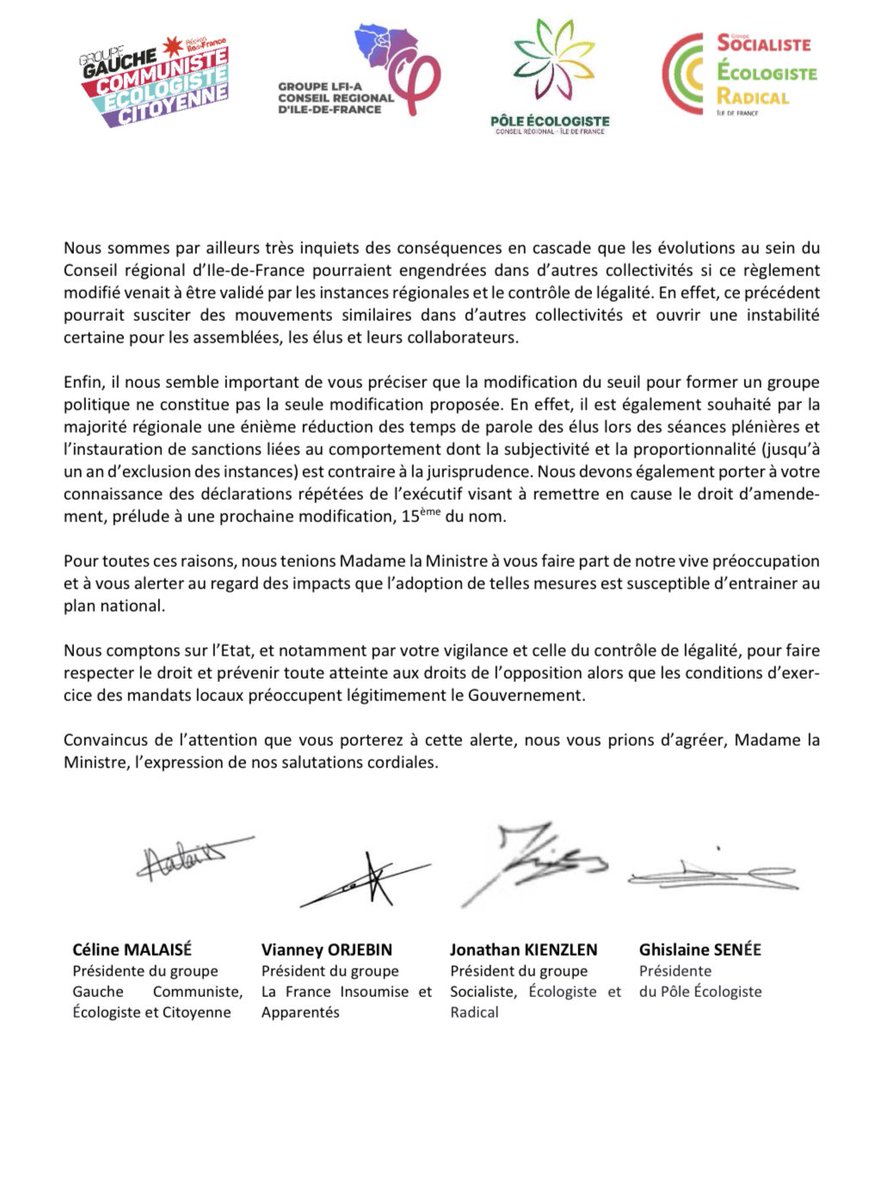 🟥 Suppression de 2 groupes de gauche à la Région Île-de-France : un acte politique inédit et inacceptable !

▶️ Les élu•es de gauche et écologistes interpellent <a href="/FaureDominique/">Dominique Faure</a> Ministre des collectivités et le <a href="/gouvernementFR/">Gouvernement</a> pour faire respecter les droits de l’opposition ⤵️