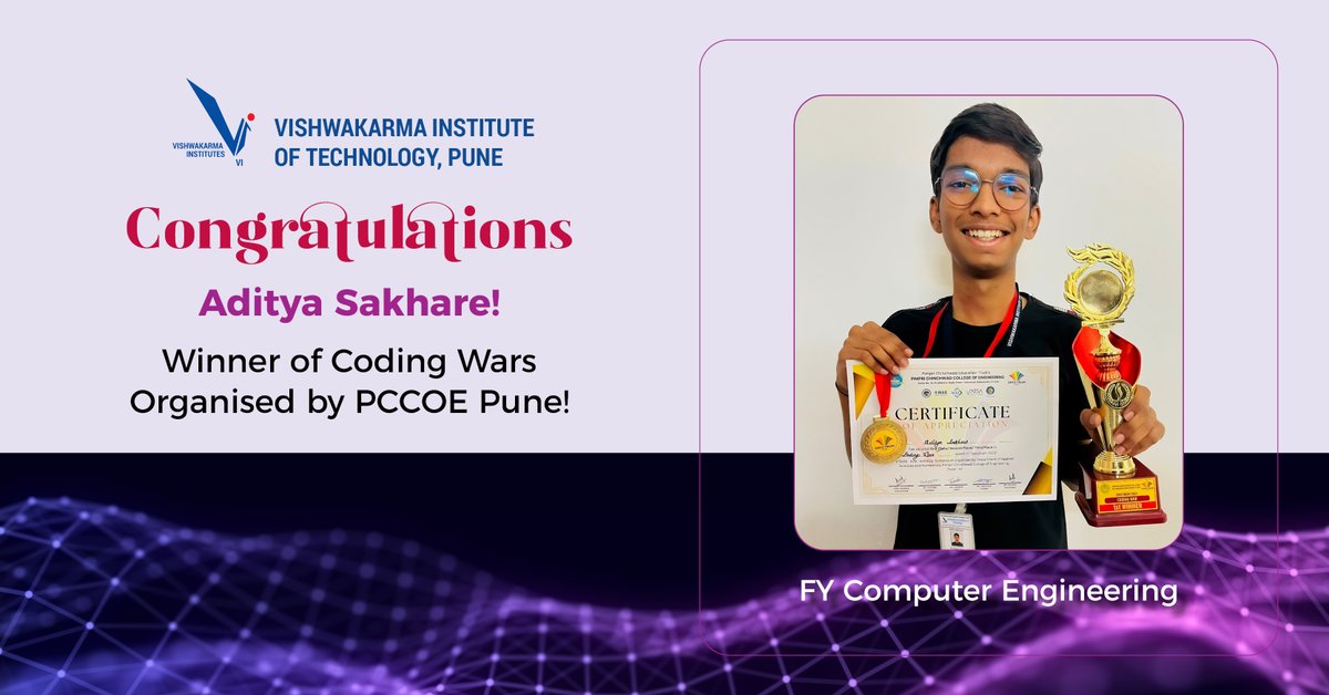vit_college's tweet image. Congratulations to Aditya Sakhare, a first-year student in Computer Engineering, for winning the State Level coding contest &quot;Coding Wars&quot; organized by @pccoe_pune ! 
#Congratulations #CodingWars #StateLevelWinner #PCCOEPune #ComputerEngineering