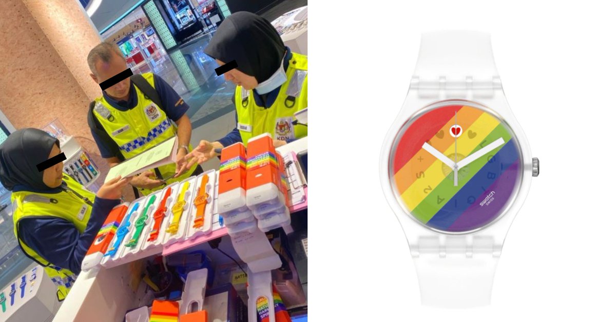MothershipSG's tweet photo. M’sia home ministry officers seize rainbow ‘Pride Collection’ watches from Swatch stores https://t.co/1Ml0S7c90C https://t.co/QanJzp0cMO