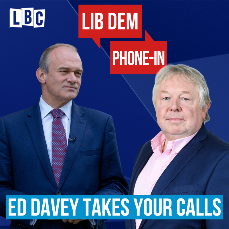 LBC's tweet photo. What would you like to ask the Lib Dem leader?

@EdwardJDavey joins @NickFerrariLBC to take your calls.

Join the conversation:
📞 0345 60 60 973
📱 84850

Watch on @GlobalPlayer.