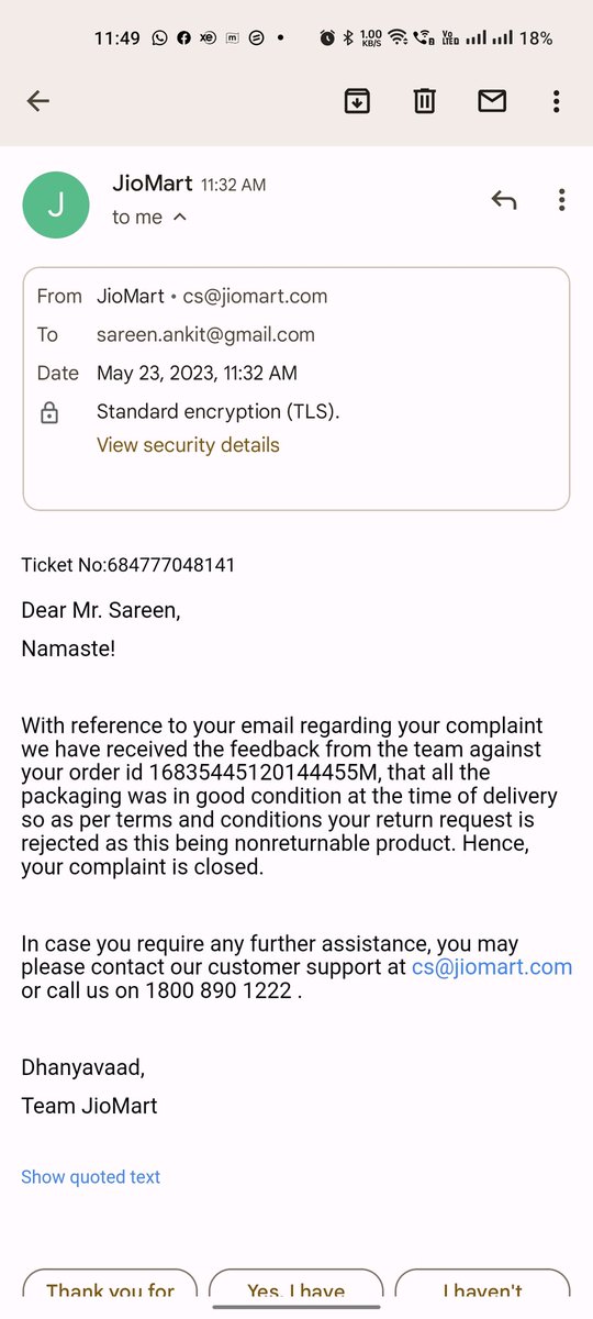 ankit_25's tweet photo. @joi_support_ I really don't understand why you are denying a broken product received. What kind of proof do a consumer give ??? Is there no consumer protection against this?? @JioMart_Support @JioMart after raising the complaint correctly 3 times given the same reason?! How does this justify? https://t.co/l9wlD7qE4Y