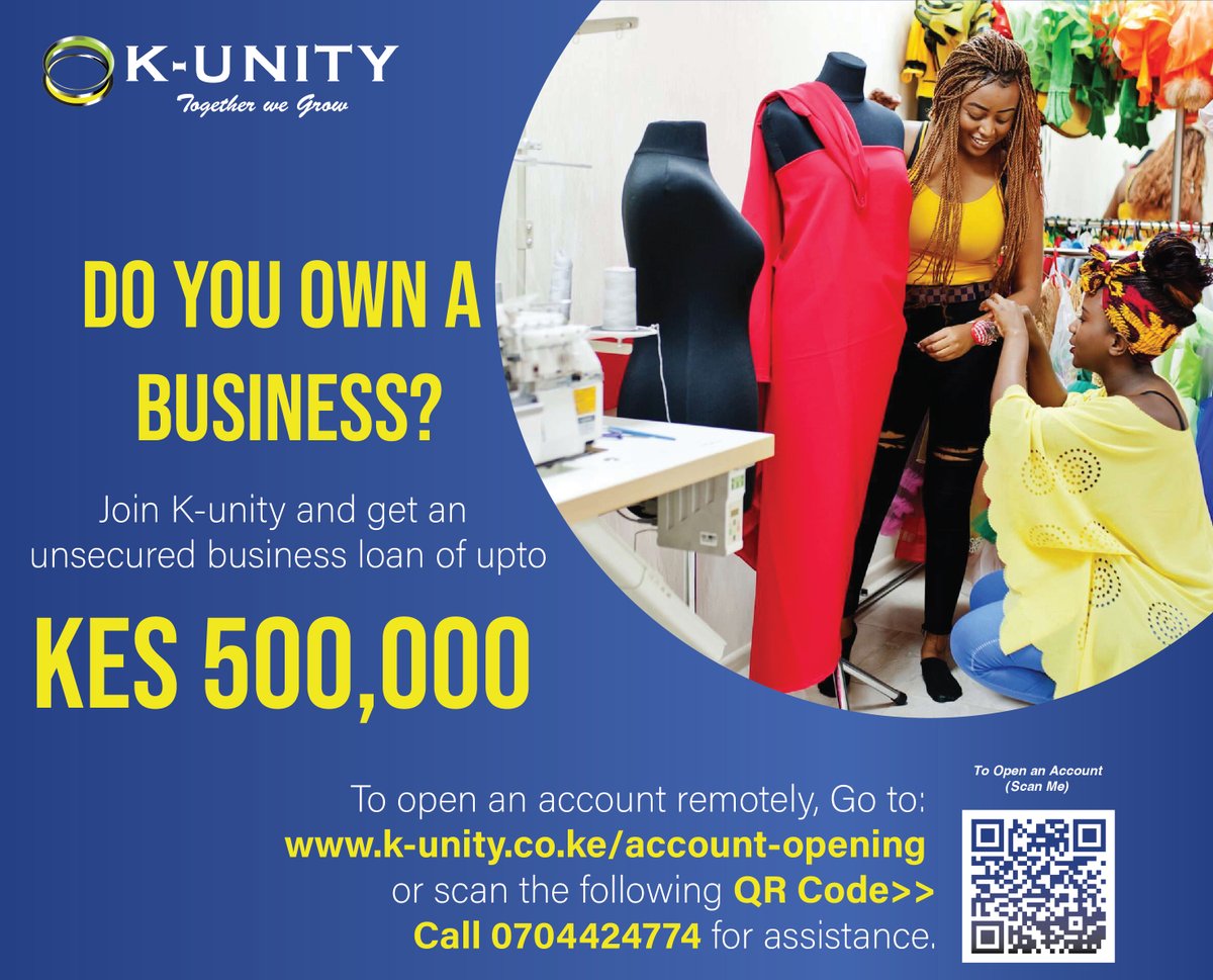 Grow your #business with K-Unity Sacco's SME loan, offering up to Kshs 500,000 with no security required, attractive interest rates, and a flexible repayment period of up to 36 months. Apply now and take your business to new heights! #SMEloans #BusinessGrowth #FinancialSupport