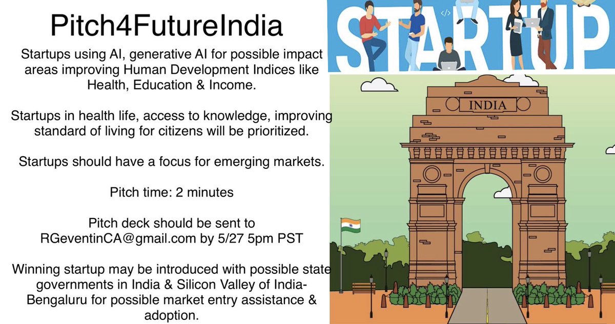 #pitch4FutureIndia

Startups using #AI, #generativeAI for possible impact areas improving #HumanDevelopment Indices like #Health, #Education & #Income.

Startups in #healthLife, #accesstoknowledge, improving #standardofliving for citizens will be prioritized.

Startups should