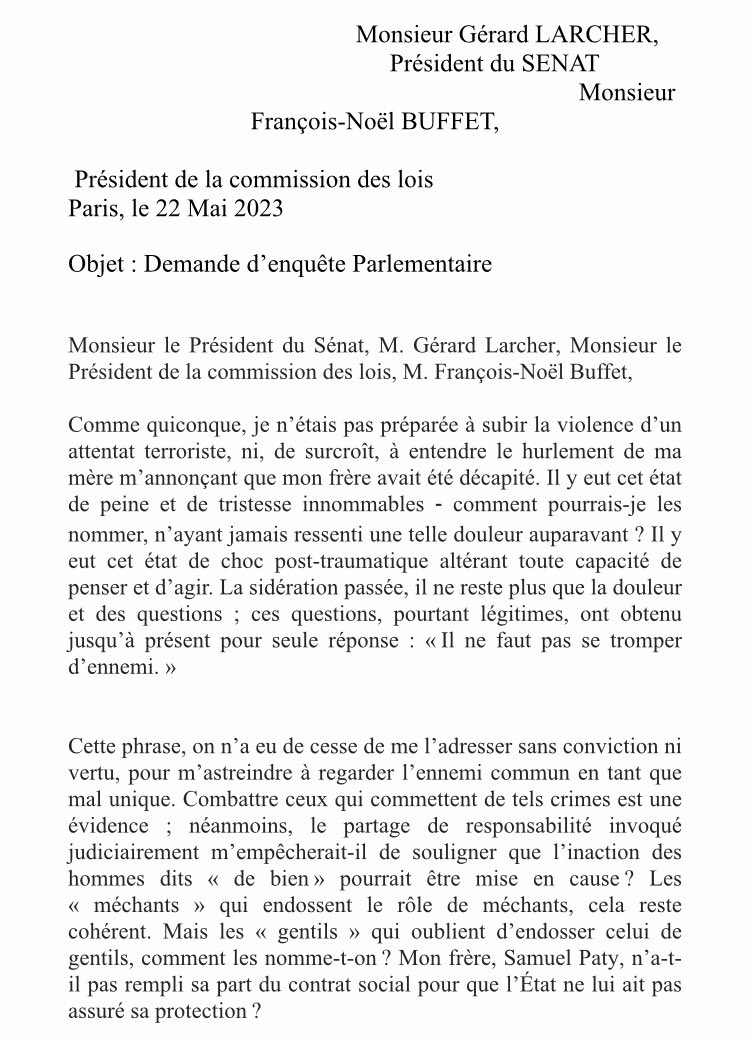 CarineAzzopardi's tweet photo. 🔵 Mickaëlle Paty, la sœur de Samuel Paty, a adressé une lettre le 22 mai au président du Sénat Gérard Larcher pour lui demander d’accéder à la demande d’ouverture d’une commission d’enquête parlementaire sur l’assassinat de son frère. ⤵️ https://t.co/JbfnAzuukh