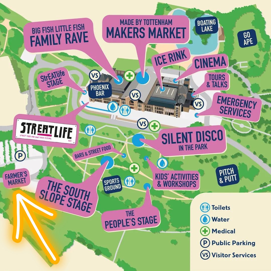 Here is the map with all the fun activities in the park and the palace this Saturday. 
We are in the same location as the usual Sunday market. Just follow the arrow and you'll find us on from 10am.
See you all there! 
full programme
alexandrapalace.com/150party
#weareccfm