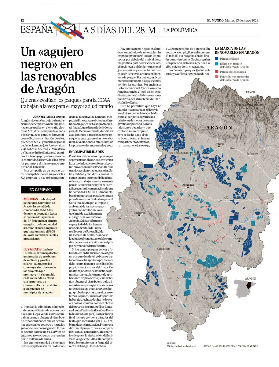 Jorge_Azcon's tweet photo. 🔵 Esta información de @juanmalamet en @elmundoes es de una gravedad extrema. 
➡️ La expansión descontrolada de parques de renovables en nuestro territorio tiene detrás una trama repleta de irregularidades y presuntas ilegalidades. @JLambanM tiene que dar explicaciones inmediatas https://t.co/1NBVL4s02I
