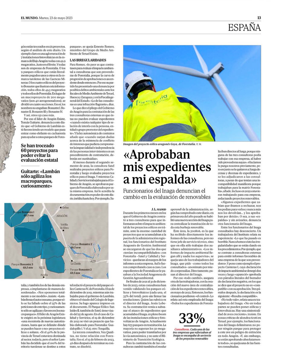 🔵 Esta información de <a href="/juanmalamet/">Juanma Lamet</a> en <a href="/elmundoes/">EL MUNDO</a> es de una gravedad extrema. 
➡️ La expansión descontrolada de parques de renovables en nuestro territorio tiene detrás una trama repleta de irregularidades y presuntas ilegalidades. <a href="/JLambanM/">Javier Lambán</a> tiene que dar explicaciones inmediatas