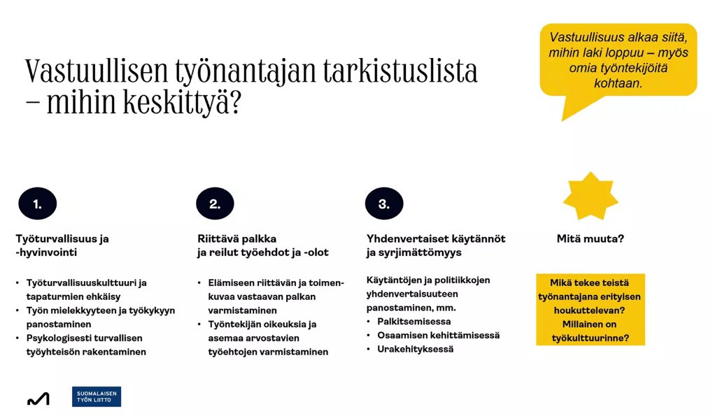 Aamu käyntiin napakasti @SuomalainenTyo vastuullisuuskoulutuksessa. "Vastuullisuus alkaa siitä, mihin laki loppuu", toteaa <a href="/hanna_hytonen/">Hanna Hytönen</a>. Eli pelkkä lain mukaan toimiminen ei riitä, on tehtävä enemmän. #vastuullisuus #yrityskulttuuri #työnantajakuva <a href="/HDLsaatio/">Diakonissalaitos</a> @rinnekodit