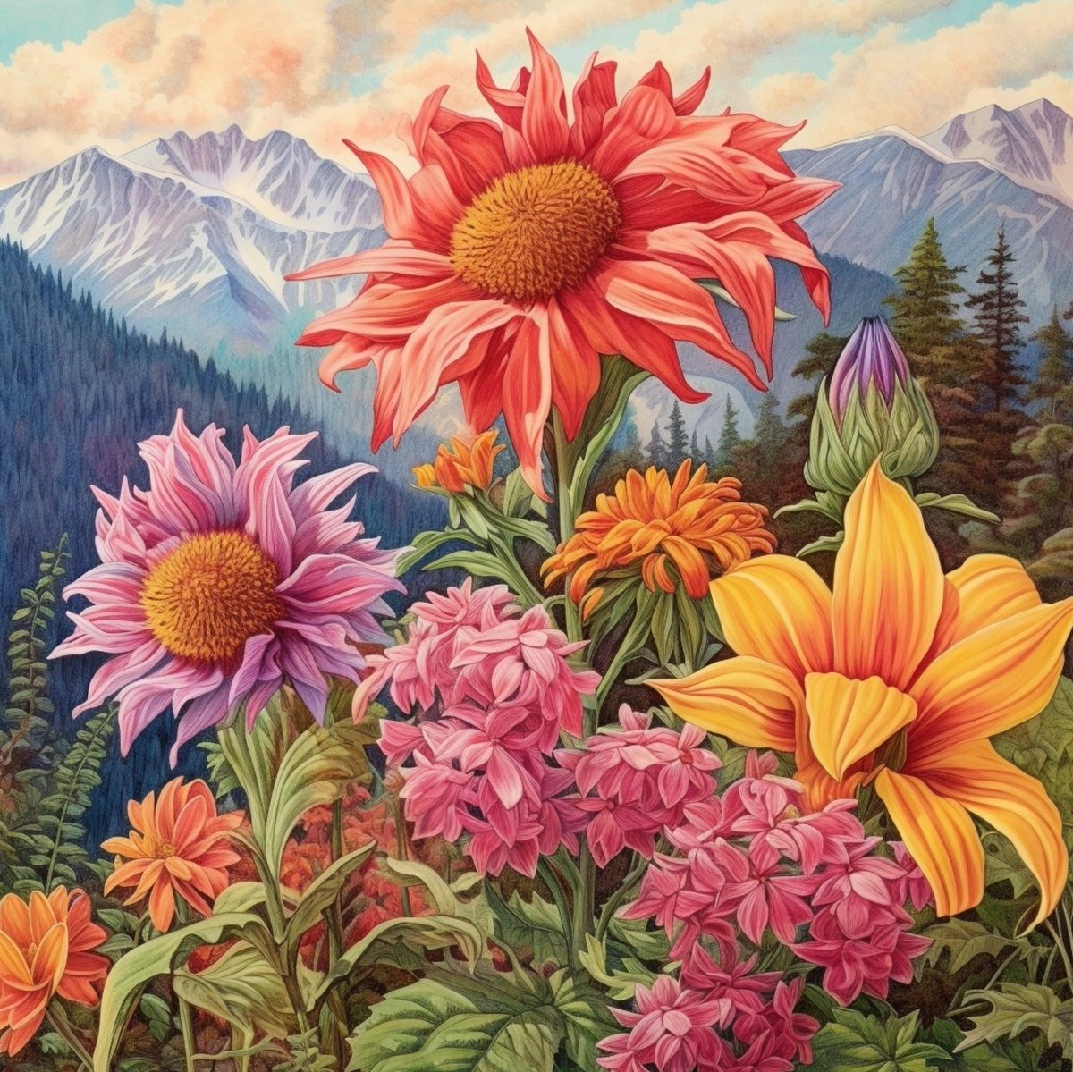 Elevation Elegance: Flowers Adorning the Mountain's Green Gown
#aiArt #AiPainting