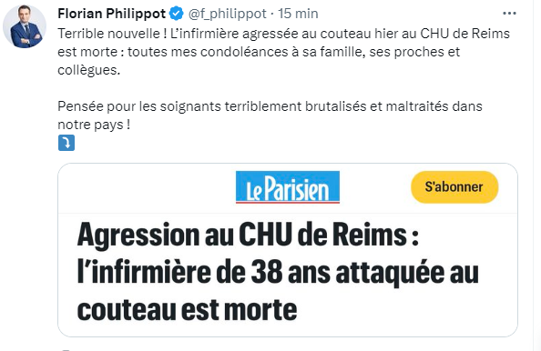 Le tweet honteux du matin signé Philippot qui ose faire une comparaison entre le décès brutal de cette infirmière du CHU de Reims et les soignants suspendus