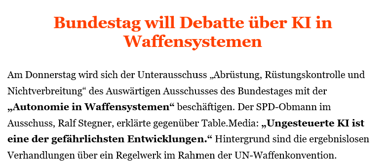 Halleluja, endlich!
Der #Bundestag nimmt sich der Thematik #AutonomieInWaffensystemen an.

Die #GGELAWS letzte Woche in Genf ist gescheitert- dort wird es zu keiner Regulierung von #LAWS kommen. 

Deshalb braucht 🇩🇪 jetzt eine nationale Position: ideologiefrei und pragmatisch. 1/