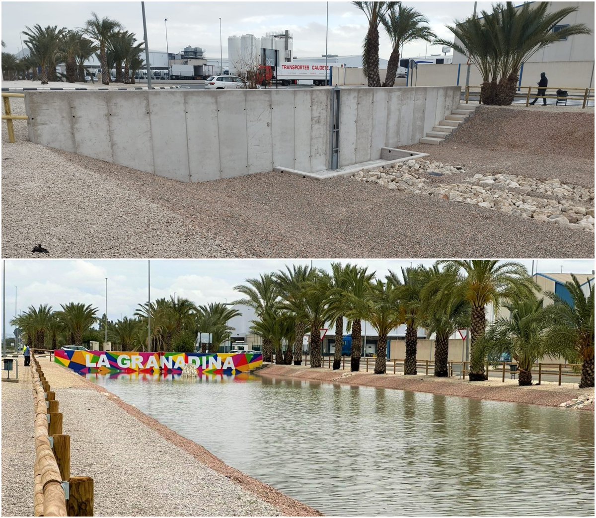 🌧 Tanque de tormentas de #SanIsidro recoge aguas pluviales en Polígono Industrial La Granadina, donde se han registrado este martes 29,7 l/m².

🚧 Infraestructura con dimensiones de 255 m de largo y 21 m de ancho, con cota máxima de profundidad de 2,3 m, y capacidad de 5000 m³.