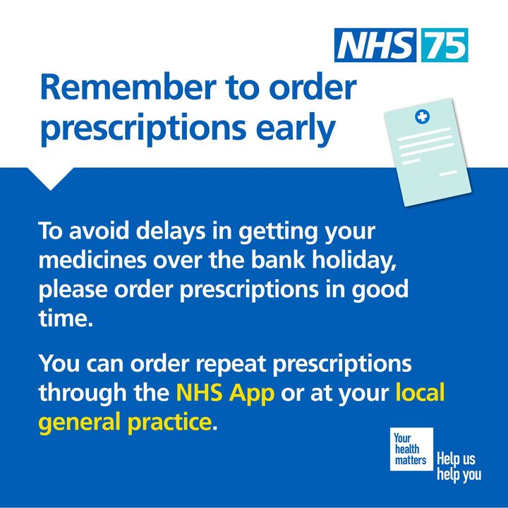 With the bank holiday approaching, make sure you order your repeat prescription in advance.
 
For more information on how to do this, visit ➡️ nhs.uk/nhs-services/o…