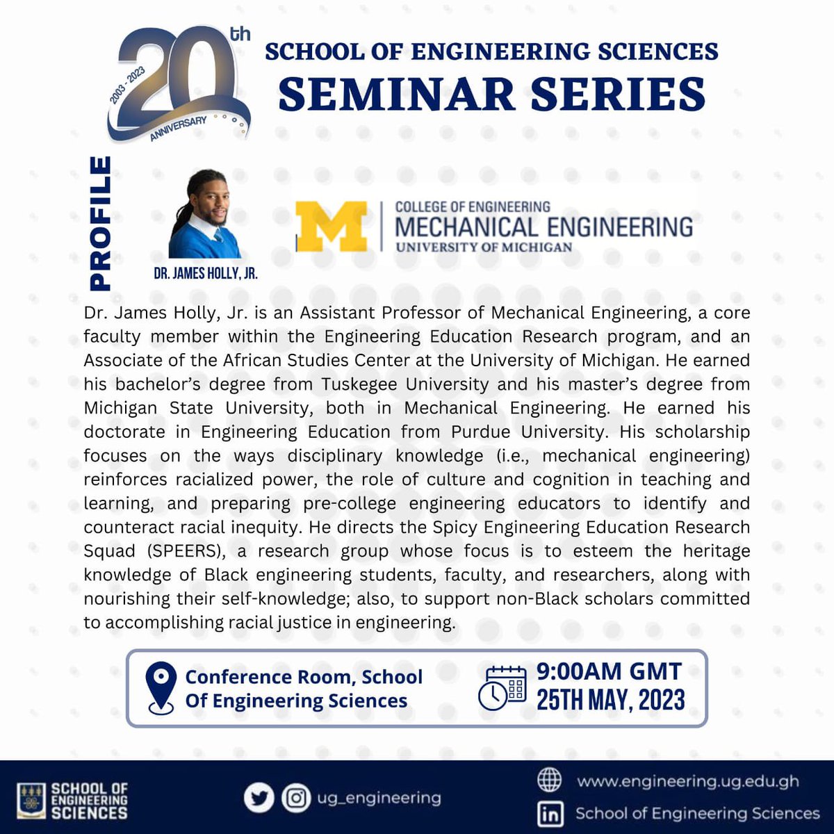 esugofficial's tweet photo. As part of our 20th Anniversary Celebrations,there’ll be a seminar on the Topic-Epistemic Homegoing: The Africana Imperative for Engineering Education by Dr James Holly Jr of the University of Michigan-College of Engineering.
#SESat20
#WeMakeThingsWork https://t.co/CVuSaKScO7