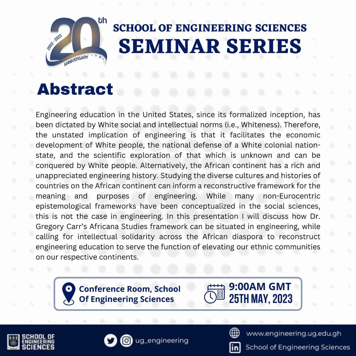 esugofficial's tweet photo. As part of our 20th Anniversary Celebrations,there’ll be a seminar on the Topic-Epistemic Homegoing: The Africana Imperative for Engineering Education by Dr James Holly Jr of the University of Michigan-College of Engineering.
#SESat20
#WeMakeThingsWork https://t.co/CVuSaKScO7