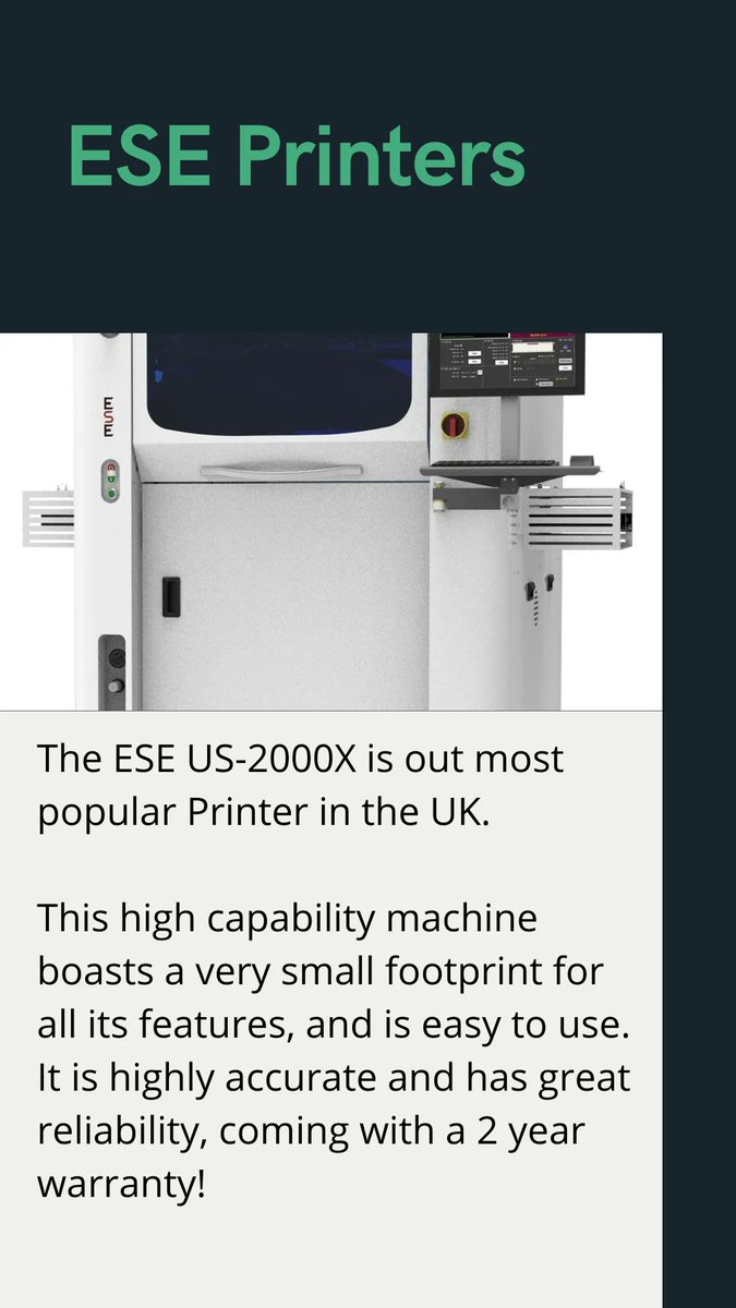 elite7group's tweet image. ESE Screen printers offer exceptional performance and reliability, with machines ranging from the US-2000X flag ship model up to back to back high speed printing solutions offering 5 second cycle times.  

buff.ly/3MiKH1S 

#printing #soldering #semiauto #screenprinting