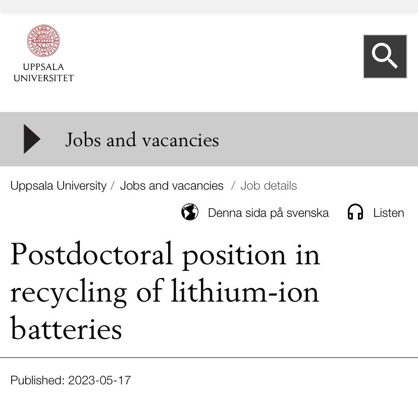 Reza Younesi (@younesi) on Twitter photo Have you done your PhD in recycling? Here is an open postdoc postion on recycling of Li-ion batteries <a href="/chem_angstrom/">Department of Chemistry - Ångström</a> @UU_University. If you are interested, apply via the link by May 31.
Please share with anyone who might be interested to. #battchat
uu.se/en/about-uu/jo… Have you done your PhD in recycling? Here is an open postdoc postion on recycling of Li-ion batteries <a href="/chem_angstrom/">Department of Chemistry - Ångström</a> @UU_University. If you are interested, apply via the link by May 31.
Please share with anyone who might be interested to. #battchat
uu.se/en/about-uu/jo…