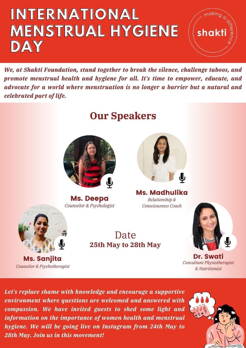 We will be going live on Instagram from 25th May to 28th May. Join us in this movement!
#shaktiwomenorganisation #shaktimakingadifference #shaktifoundation #menstrualhygieneday #womenhealth #womenhygiene #healthandhygiene #healtheducation #womenempowerment #womensupportingwomen