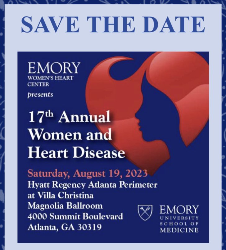 Emory Women's Heart (@emorywomenheart) on Twitter photo SAVE THE DATE!
EWHC 2023 CME Women and CVD Conference in Atlanta GA! Aug 19! <a href="/emoryheart/">Emory Cardiology</a> <a href="/emoryhealthcare/">Emory Healthcare</a> <a href="/EmoryDeptofMed/">Emory Department of Medicine</a> <a href="/EmoryHospMed/">Emory Division Of Hospital Medicine</a> <a href="/EmoryGynOb/">Emory Gyn Ob</a> <a href="/EmoryFamMed/">Emory Dept of Family & Preventive Medicine</a> <a href="/EmoryNursing/">Emory Nursing</a> <a href="/EmoryPrevMed/">Emory Preventive Medicine</a> <a href="/EmoryRollins/">Emory Public Health</a> SAVE THE DATE!
EWHC 2023 CME Women and CVD Conference in Atlanta GA! Aug 19! <a href="/emoryheart/">Emory Cardiology</a> <a href="/emoryhealthcare/">Emory Healthcare</a> <a href="/EmoryDeptofMed/">Emory Department of Medicine</a> <a href="/EmoryHospMed/">Emory Division Of Hospital Medicine</a> <a href="/EmoryGynOb/">Emory Gyn Ob</a> <a href="/EmoryFamMed/">Emory Dept of Family & Preventive Medicine</a> <a href="/EmoryNursing/">Emory Nursing</a> <a href="/EmoryPrevMed/">Emory Preventive Medicine</a> <a href="/EmoryRollins/">Emory Public Health</a>