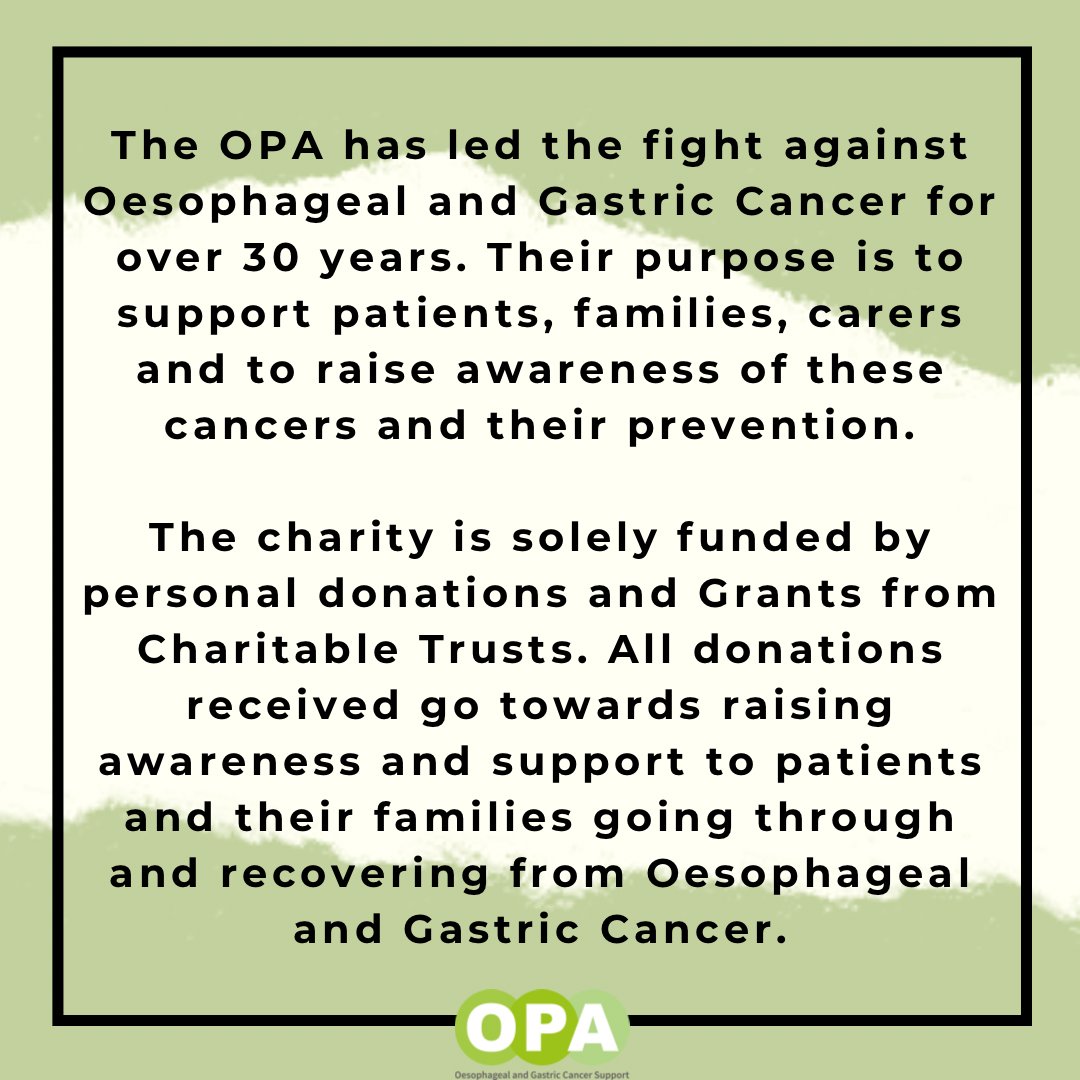The OPA has led the fight against oesophageal and gastric cancers for over 30 years! 

#opa #cancer #charity #OesophagealCancer #GastricCancer #support #help #advice #awareness #AcidReflux #GORD #donate #OesophagealCancerAwareness #GastricCancerAwareness #AcidRefluxAwareness