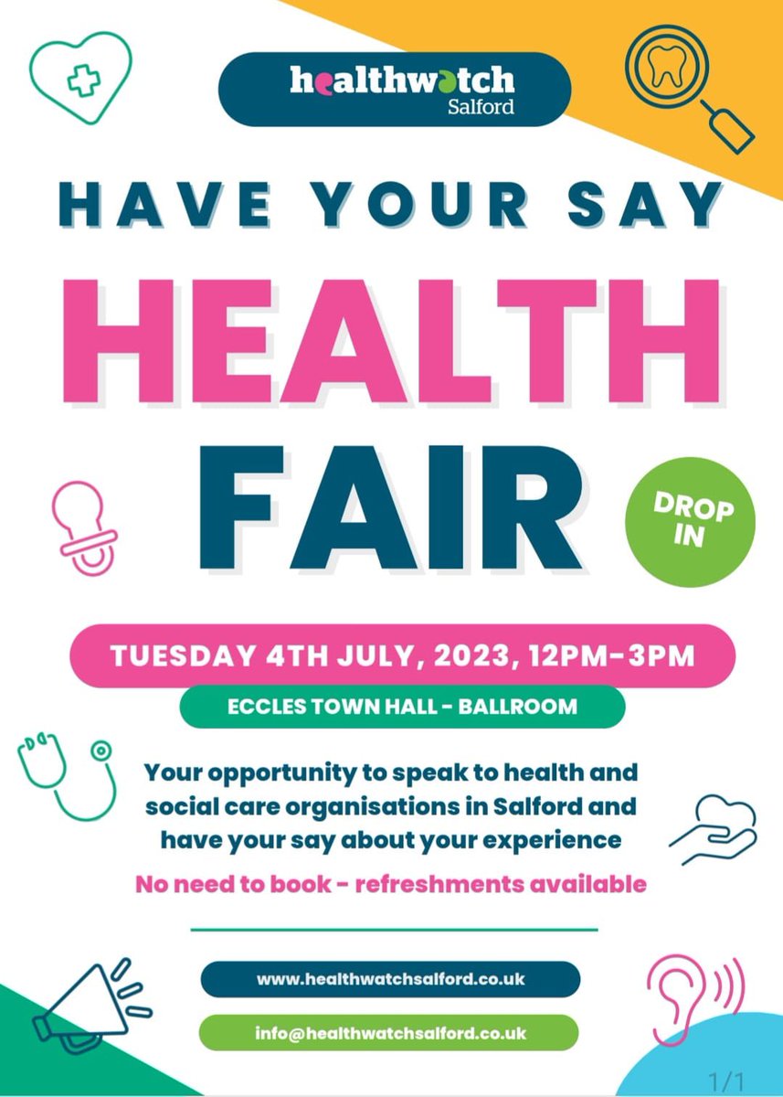 We are joining our friends @HWSalford on Tuesday 4th July from 12-4pm at @EcclesTownHall Come and say Hi, have your say and speak to local health and social care providers