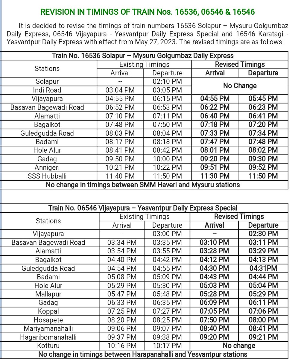 Pls attention here Revision Timing of Golgumbaz Exp & Vijayapura Yesvantpur. Exp from 27May it will be applicable