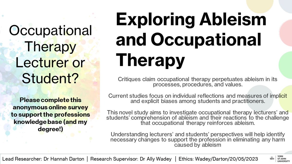 Dive into the realm of occupational therapy & ableism! Seeking OT lecturers & students to partake in a 20min anonymous survey Unveil your perspective & grasp on ableism in occupational therapy Join me on this enlightening journey #Research #OT #Ableism yorksj.eu.qualtrics.com/jfe/form/SV_5z…
