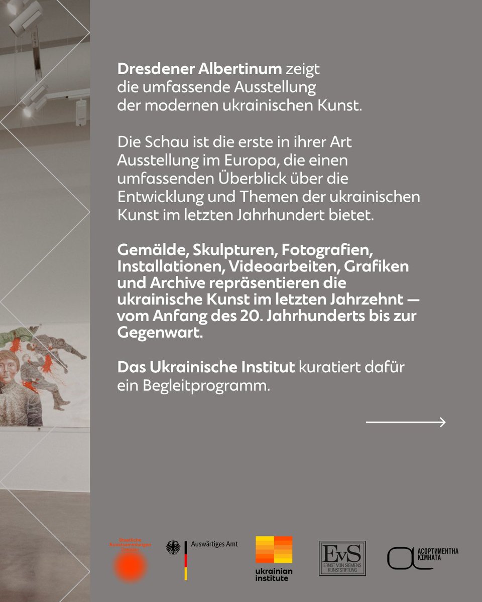 Hallo Dresden! Seit Anfang Mai findet im Dresdner Albertinum / @skdmuseum eine umfassende Ausstellung zur ukrainischen Kunst des letzten Jahrhunderts statt. Das @UA_Institute organisiert ein Begleitprogramm, das bereits am Samstag beginnt! 🙌