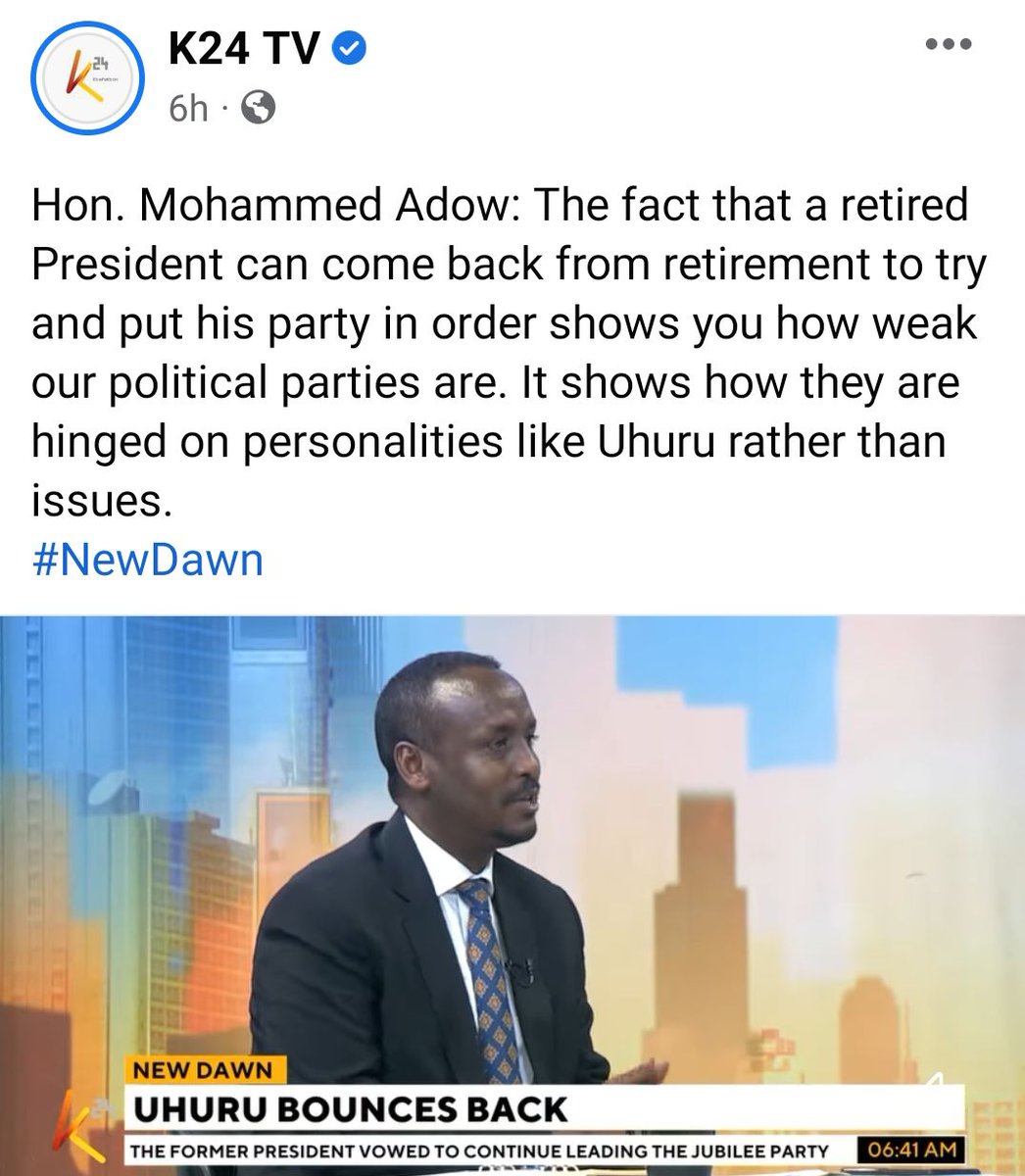 Shem Beverton Mukalo (@shemmukalo) on Twitter photo Hon Mohammed Adow peered into the soul of our body politic on K24, and offered a sober assessment: Our politics are personality-based rather than issue-driven. Political parties are ideologically unmoored I can't think of a more cogent diagnosis of our political malaise.
<a href="/Moadow/">Hon. Mohammed Adow</a> Hon Mohammed Adow peered into the soul of our body politic on K24, and offered a sober assessment: Our politics are personality-based rather than issue-driven. Political parties are ideologically unmoored I can't think of a more cogent diagnosis of our political malaise.
<a href="/Moadow/">Hon. Mohammed Adow</a>