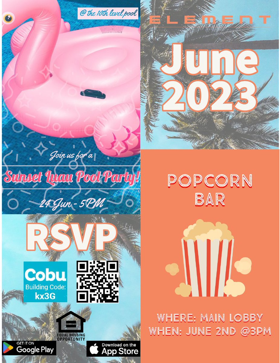 Join in the fun in June at Element! 
#WeLoveOurResidents #SunsetLuauPoolParty #liveElement #Community #LuxuryRentals #Tampa #TheElement #LoveWhereYouLive #Popcorn