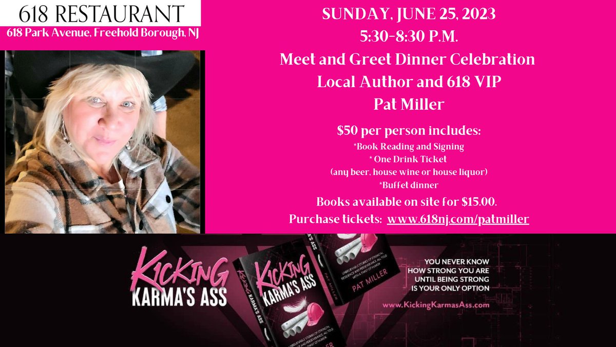 Come join the celebration officially launching my first #book #KickingKarmasAss (618nj.com/patmiller). #strength #resilience #perseverance #humor #freeholdtownship #618NJ #MonmouthCounty #OceanCounty #MercerCounty #SomersetCounty #HunterdonCounty #UnionCounty #CentralJersey